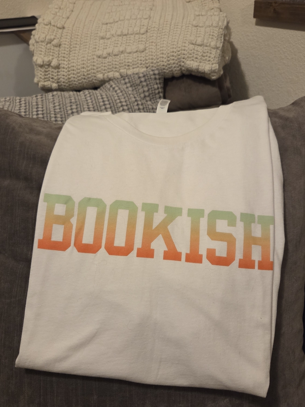 Bella Canvas White Short Sleeve Tee with Green-Orange 'BOOKISH'  Back To School